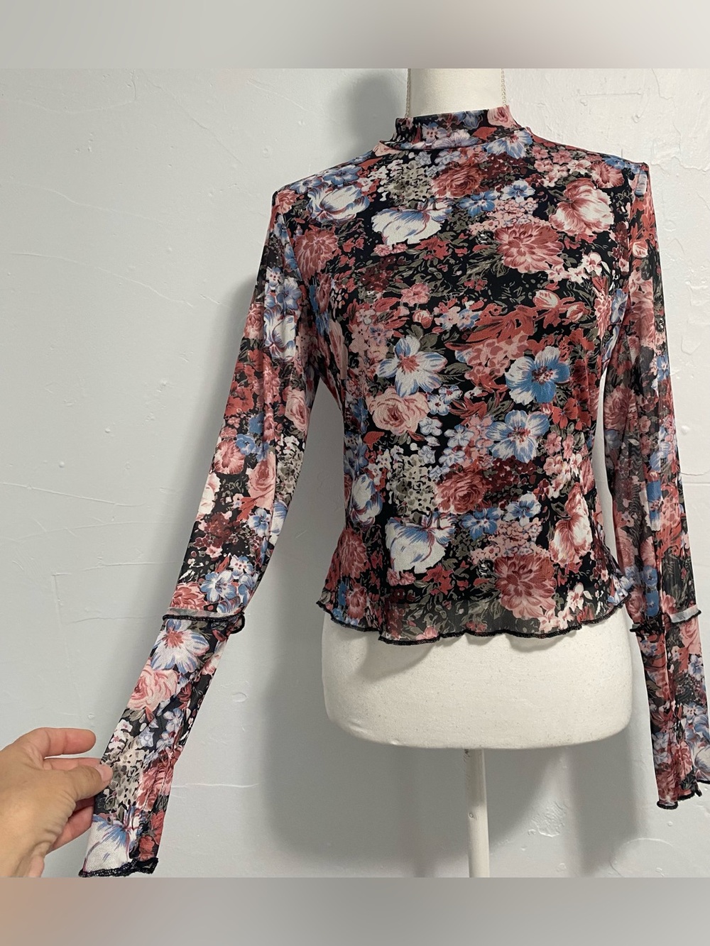 Floral Mesh Mock Neck Long Sleeve Top - Black Floral